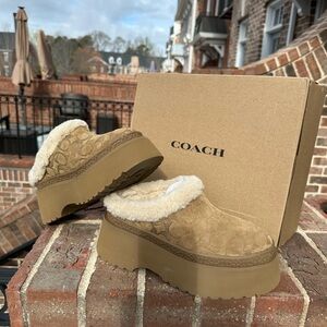 Coach Women's Tan Shearling Platform Mules